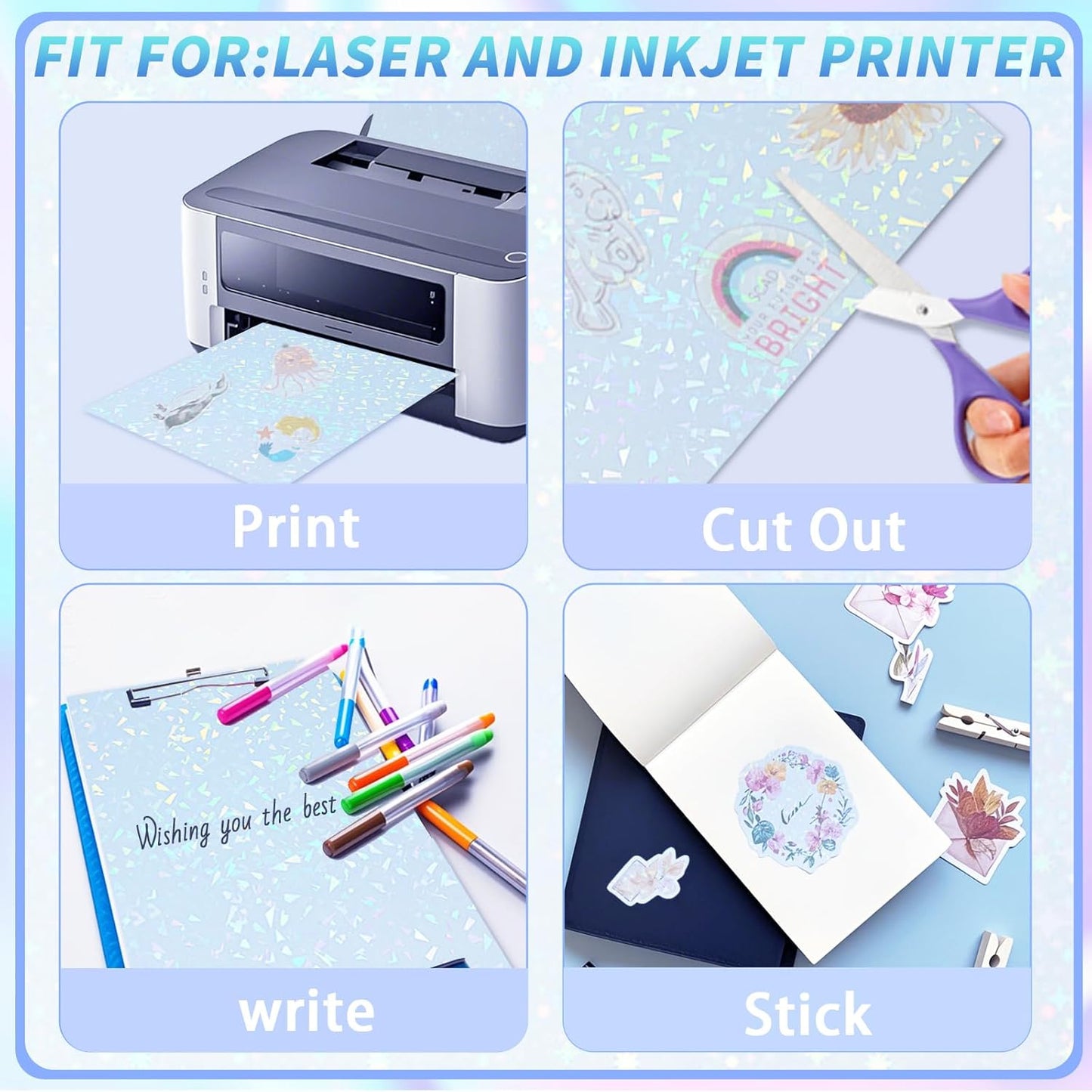 Printable Holographic Sticker Paper,20 Sheets 11 x 8.5''glass fragment Printable Waterproof Sticker,Rainbow Vinyl Sticker for Inkjet or Laser Printer