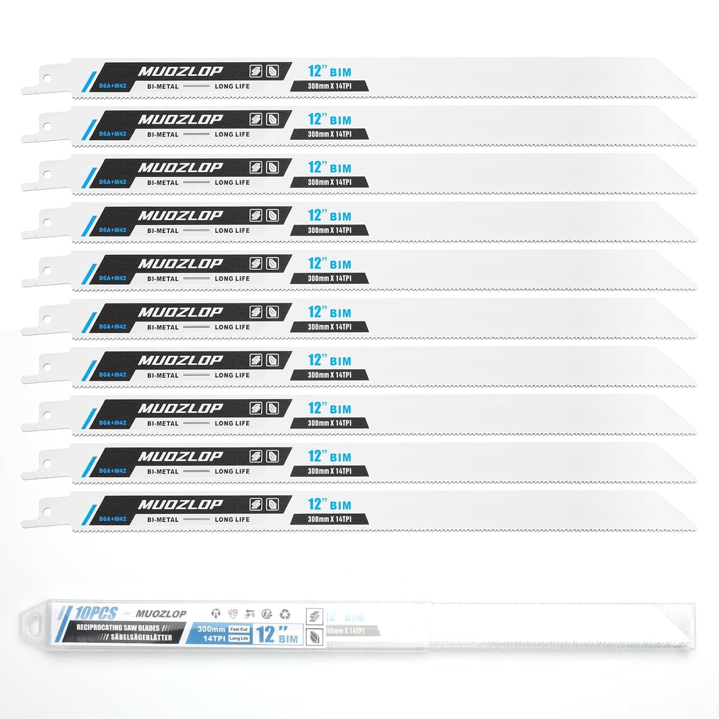 10 Pack 12 inch Reciprocating Saw Blades Set,14TPI High Carbon Saw Blades, Metal Saw Blades with Organizer Case (10, 14TPI/300mm)