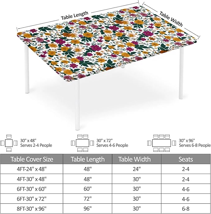 Rectangle Table Cloth Cover Waterproof Elastic Fitted Polyester Fitted Tablecloths for 6 Foot Tables for Indoor,Picnic, Camping, Outdoor （72" x 30"，Floral Print）