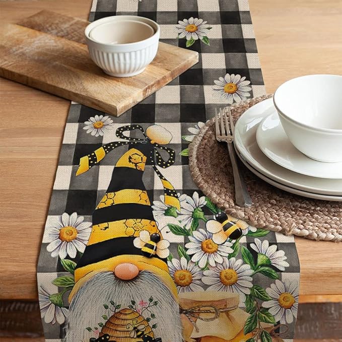 Seliem Spring Bee Gnome Table Runner, Honey Black White Buffalo Plaid Check Home Kitchen Dining Decor, Summer Seasonal Farmhouse Daisy Decorations Indoor Outdoor Anniversary Party Supply 13 x 90 Inch
