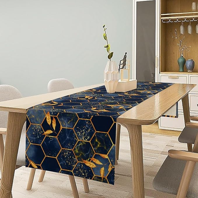 Marble Table Runner, Dark Blue Gold Modern Marble Leaf Aesthetic Geometric Table Runner for Indoor Home Living Room Party Dining Kitchen 13x70in