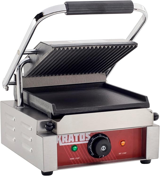 Kratos Commercial Electric Panini Sandwich Grill with Grooved Top and Smooth Bottom Plates, 9" x 9" Cooking Surface, Commercial Countertop Panini Press, 120V, 1750W (29Y-019)