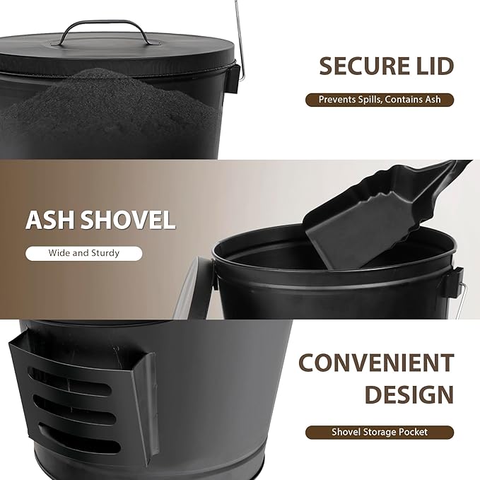 F2C 5.5 Gallon Large Ash Bucket with Lid and Shovel Fireplace Tool Set,Galvanized Metal Coal and Hot Ash Pail for Fireplace, Fire Pits, Wood Burning Stoves, Grill, Outdoor,Home Black
