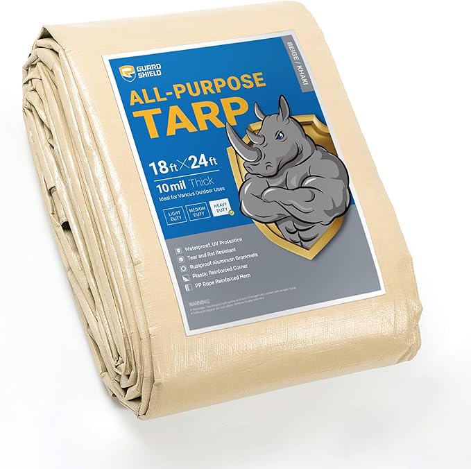 GUARD SHIELD Beige Tarp Heavy Duty Waterproof 18x24 Feet Outdoor Poly Tarps Cover Square Thick UV Resistant Canopy Tarpaulin with Grommets 10mil