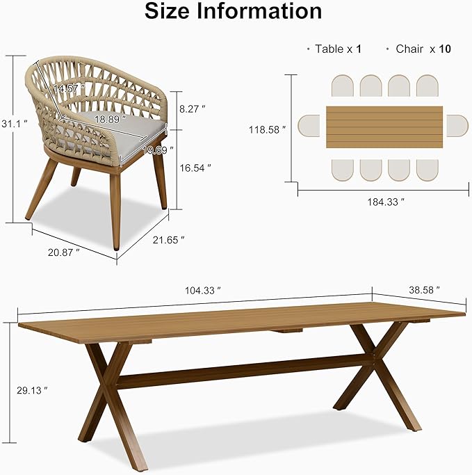 PURPLE LEAF 11 Pieces Outdoor Dining Set All-Weather PE Rattan Outdoor Patio Furniture Set with All Aluminum Frame Rectangular Table and Chairs Set for Lawn Garden Backyard Deck, Teak