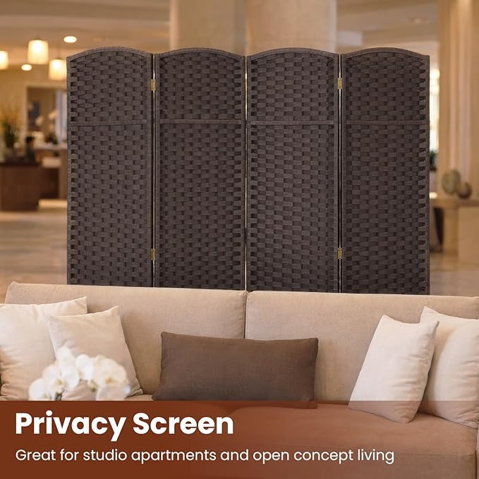FDW Room Divider 4 Panel Screen 5.6 Ft Tall Partition Privacy Screens Folding Room Separation Free Standing Waterproof Wood Frame Wall Divider, Dark Brown