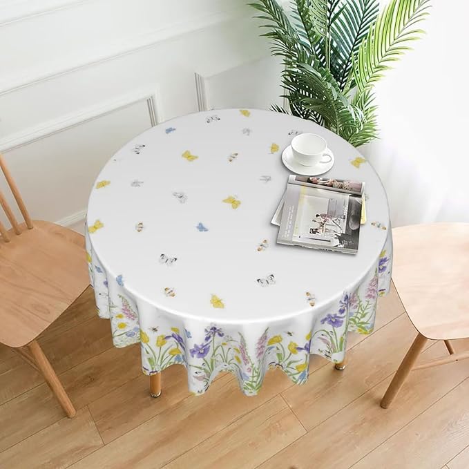 Spring Easter Round Tablecloth 60 Inch, Bunny Colorful Flower Butterfly Decorative Tablecloths Stain Resistance Polyester Rabbit Floral Table Cloth for Holiday Parties Kitchen Dining