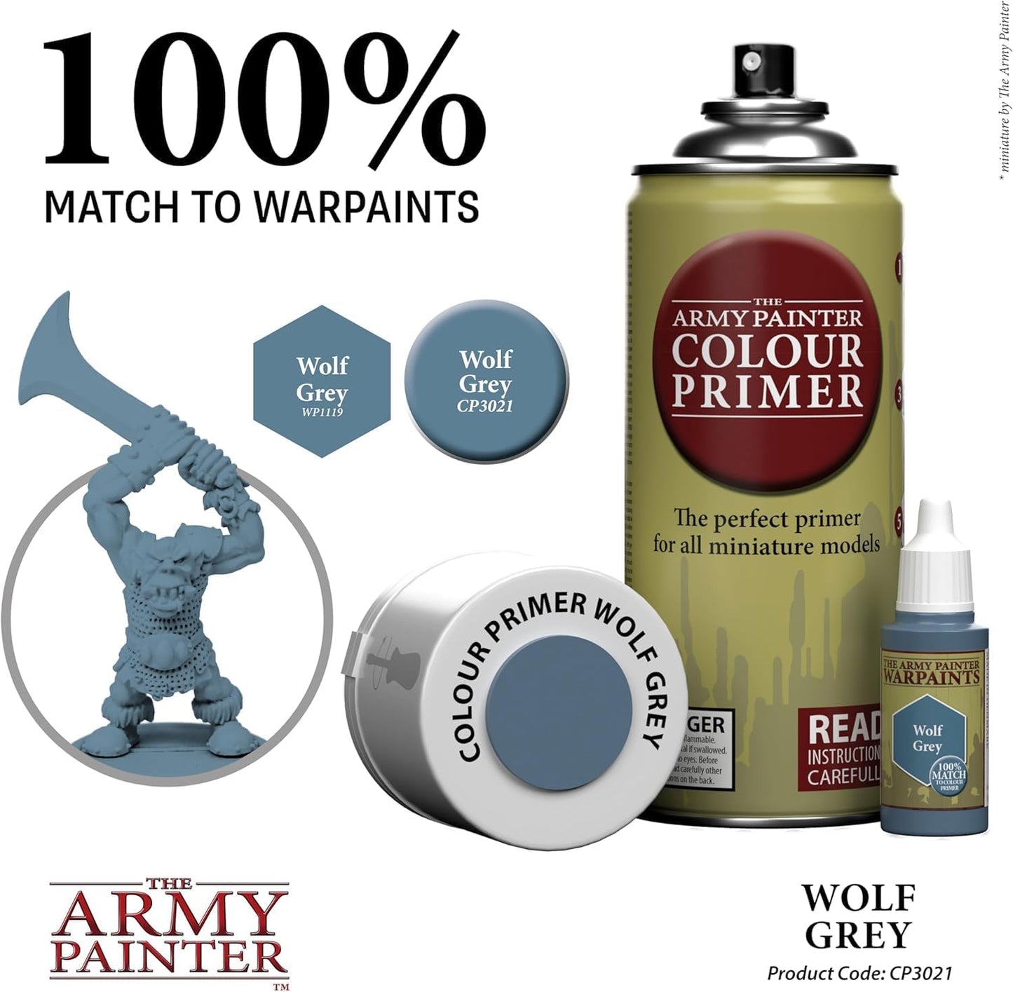 The Army Painter Colour Primer Wolf Grey, 400 mL Acrylic Spray Primer, Spray Paint Basecoat for Miniature Priming, Tabletop Roleplaying, Boardgames, and Wargames Miniature Modelling