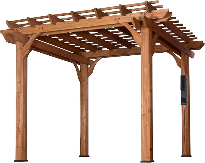 Backyard Discovery Beaumont 10' x 10' Traditional Cedar Wood Pergola Kit with Trellis Roof, All-Season Durability, High-Wind Rating, PowerPort, Shade for Outdoor Patio, Deck, Garden, and Entertaining