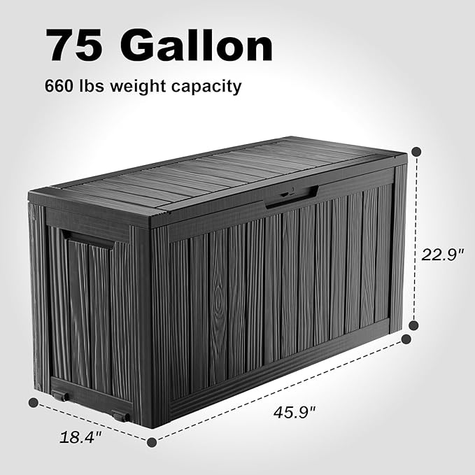 75 Gallon Outdoor Storage Box, Resin Deck Boxes Waterproof, Indoor Outdoor Bin for Package Delivery, Patio Cushions, Gardening Tools, Lockable, UV Resistant