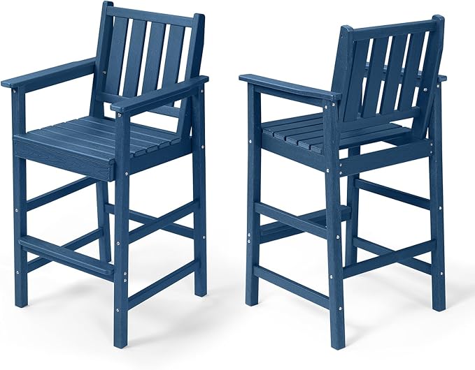 Adirondack Bar Chair Set of 2, HDPE Tall Adirondack Chairs Bar Stools with Footrest, Outdoor Bar Height Stool Chair Set, HDPE Patio Barstools Set for Poolside, Balcony, Garden, Navy