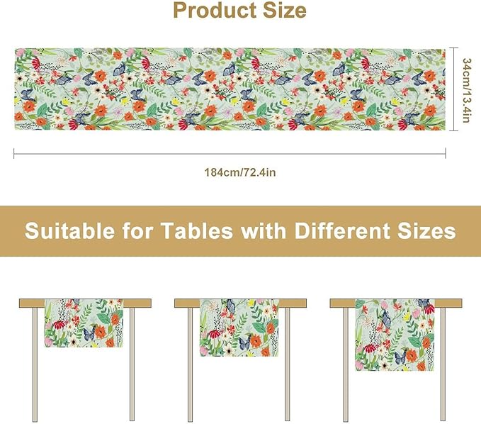 Butterfly Table Runner, Colorful Wildflower Butterfly Spring Table Runner for Holiday Kitchen Dining Home Party Outdoor 13x70in