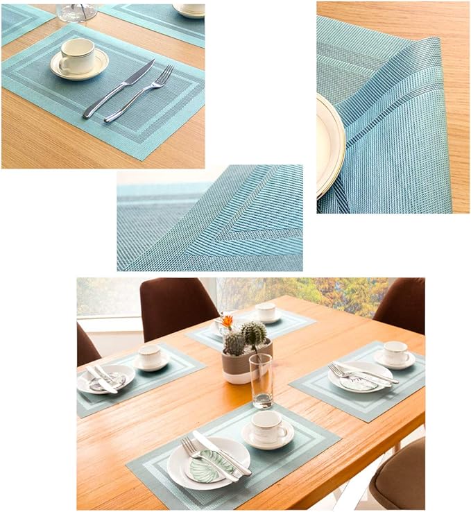 PIGCHCY Heat Insulation Non Slip Plastic Placemats,Washable Easy to Clean Woven Vinyl Kitchen Stain Resistant Placemats for Dining Table Set of 4(Sky Blue)