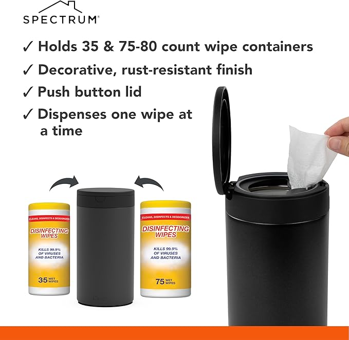 Spectrum Disinfecting Wipes Container with Push Button Lid - Refillable Dispenser for Bathroom, Kitchen, Countertop, & Home - Stainless Steel & Rust-Resistant Disinfectant Wipes Holder (Pack of 12)
