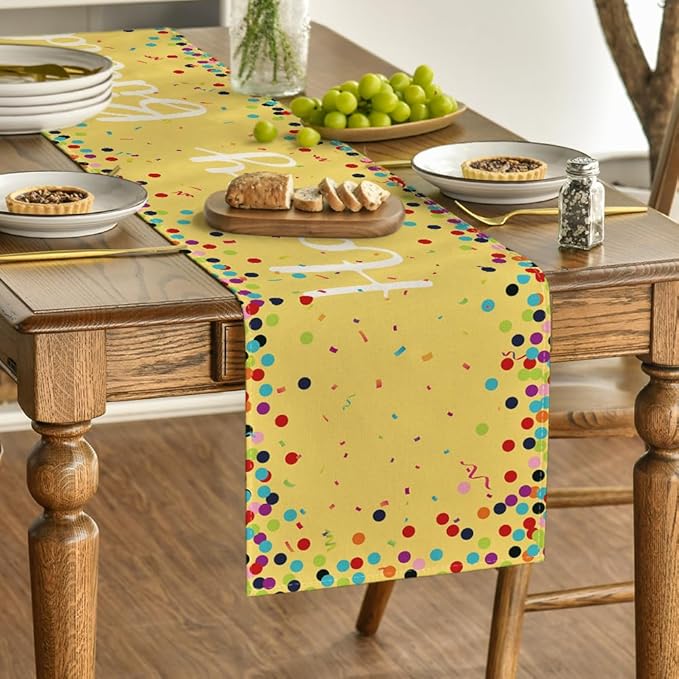 Artoid Mode Polka Dot Yellow Happy Birthday Table Runner, Seasonal Summer Kitchen Dining Table Decoration for Home Party Decor 13x72 Inch
