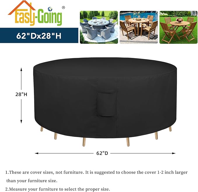 Easy-Going Round Patio Furniture Cover Waterproof Outdoor Dining Table and Chair Cover Anti-UV Outside Sectional Sofa Set Covers (62"DIA x 28"H, Black)