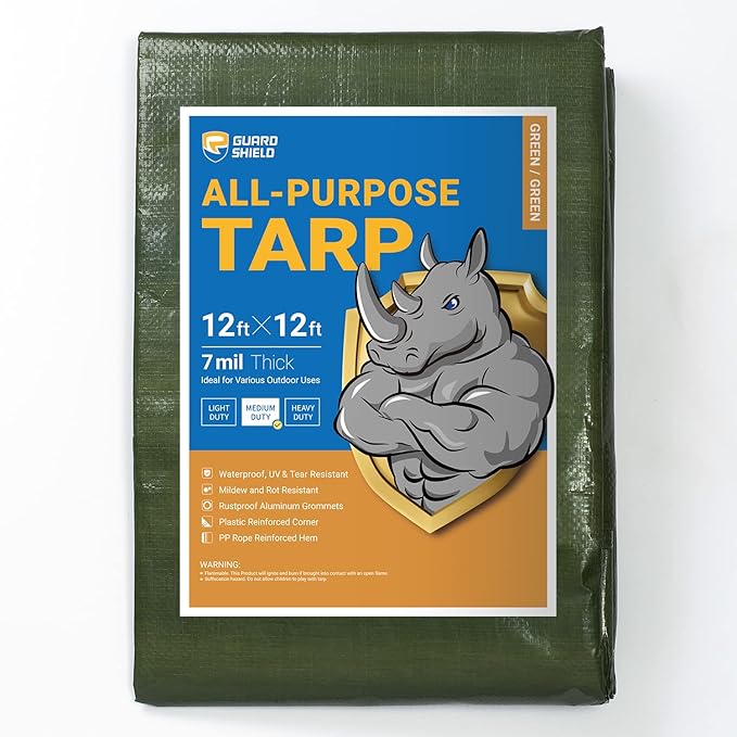 GUARD SHIELD Green Tarp Waterproof 12x12 Feet Medium Duty All Purpose Poly Tarps Cover 7mil