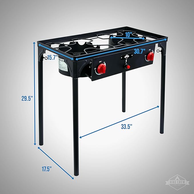Hike Crew Auto Ignition Double-Burner Outdoor Gas Stove | 150,000 BTU Portable Propane-Powered Cooktop with Blue Flame Control, Removable Legs, Temperature Setting Knobs | Includes Hose & Regulator