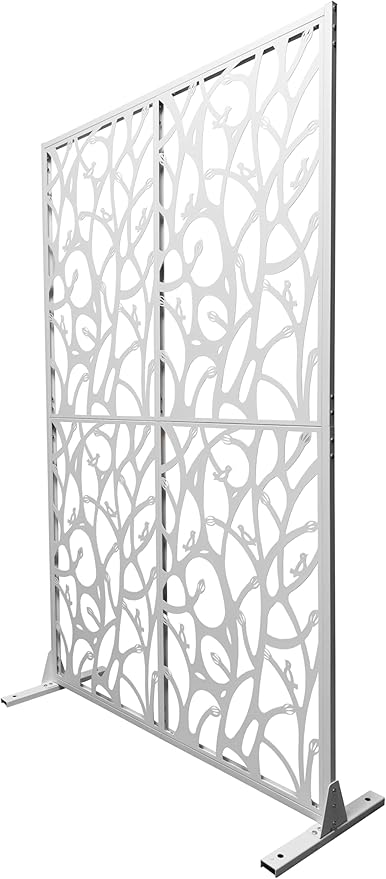 Metal Privacy Screen Room Divider 72" H x 45.3" W, Free Standing Decorative Panel with Bird Design for Indoor Outdoor Use, Black Iron Partition for Patio Balcony Garden (Bird White)