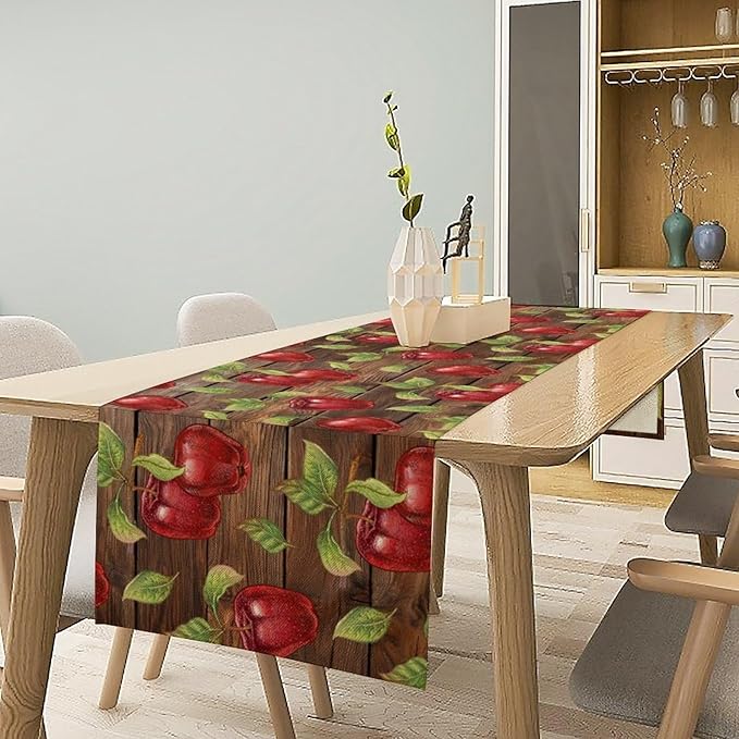 Sweet Apples Table Runner, Fresh Apples Fruit Rustic Wooden Background Table Runner for Kitchen Dining Party Picnic Outdoor 13x70in