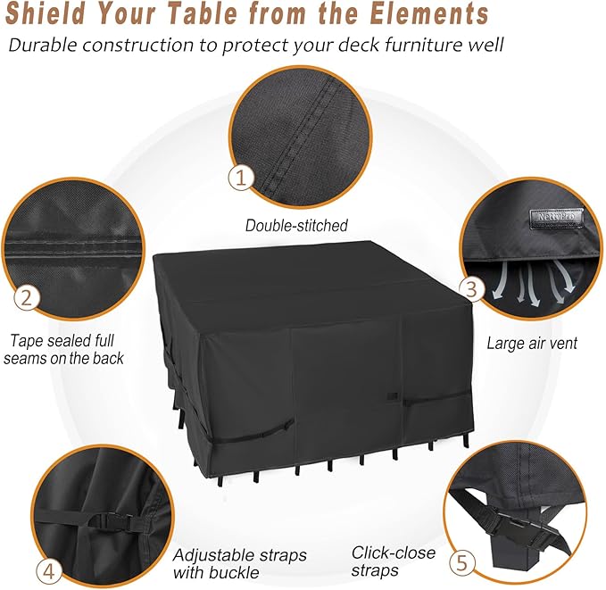 NettyPro Patio Table Cover Square 92 x 92 Inch, Waterproof Outdoor Furniture Dining Set Covers for Table and Chair, Black