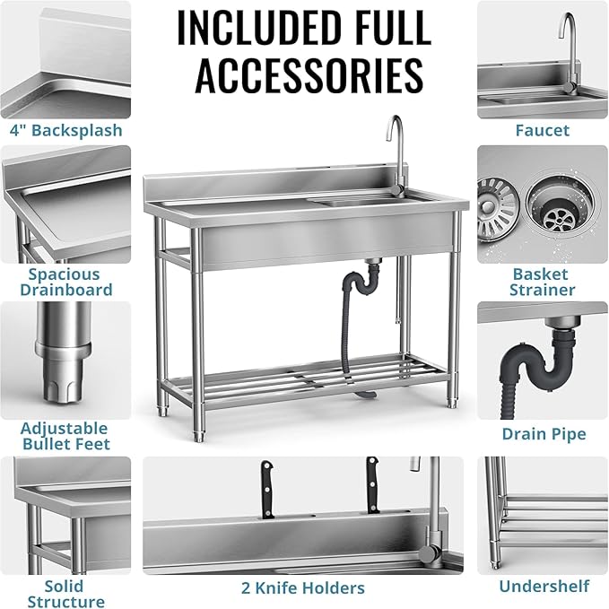 Stainless Steel Sink, Free Standing Kitchen Sink with Countertop Workstation, Utility Sink Single Bowl with Cold and Hot Water Pipe for Kitch Laundry Room Garage Farmhouse Indoor Outdoor (39 Inch)
