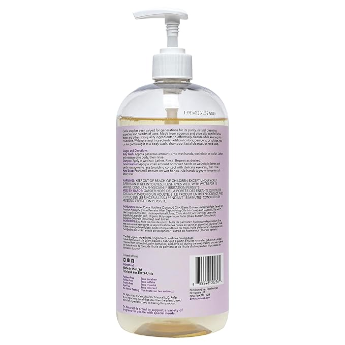 Dr. Natural Castile Liquid Soap - Multi-Use Body Wash, Shampoo and Face Wash - Hydrating Body Soap for Skin, Hair, Pets and Home - Lavender - 32 oz.