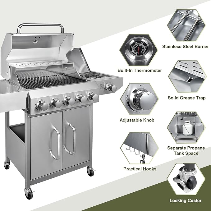 Bestfire 68,000 BTU 5 Burner Propane Gas Grill with Side Burner-Professional-Grade Stainless Steel Outdoor BBQ Grill-647 sq in Cooking Space&Porcelain Cast Iron Grrates-Patio Cart Design for Backyard