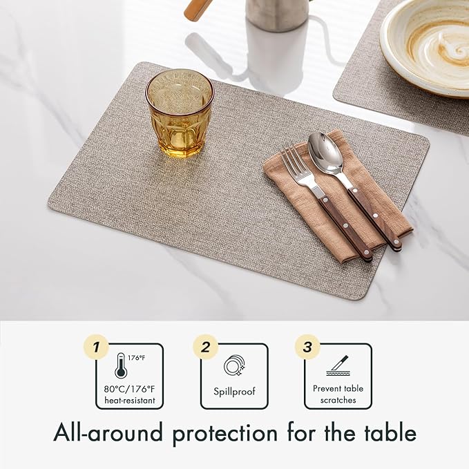 Faux Leather Placemats Set of 6 Vinyl Washable Wipeable Table Mats for Kitchen Dining Table Heat Resistant Waterproof Modern Indoor/Outdoor Placemats Non-Slip Easy Clean Place Mats (Mix Gray)
