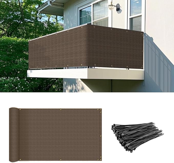 2.5' x 171' Balcony Privacy Screen Fence Cover with Zip Ties Grommets for Apartment Patio Porch Deck Backyard Outdoor (Brown)