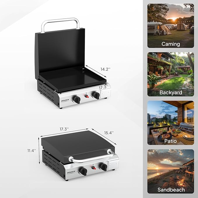 ROVSUN 2 Burner Portable Propane Griddle with Enameled Tray & Lid, 20,000 BTU Tabletop Flat Top Gas Grill with Electronic Ignition & Regulator for Outdoor Cooking Camping BBQ Tailgating Picnicking