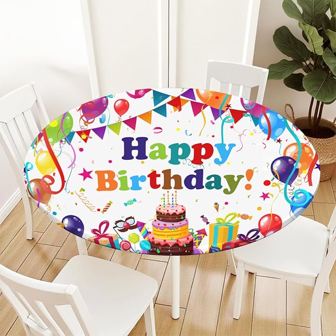 Birthday Round Fitted Tablecloth with Elastic Colorful Happy Birthday Party Circle Table Cover for 44-48" Round Tables Wipeable Waterproof Cake Balloons Gifts Table Cloth for Picnic Dining Patio Decor