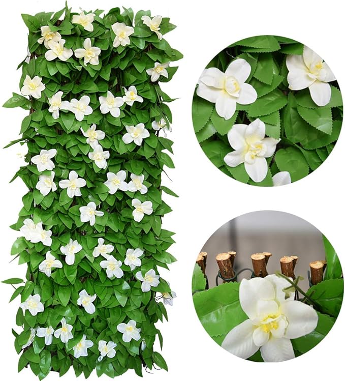 Expandable Fence Privacy Screen for Balcony Patio Outdoor,Decorative Faux Ivy Fencing Panel,Artificial Hedges (Single Sided Leaves) (1, White Flowers)