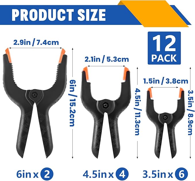 12 Pack Plastic Spring Clamps Set, 3 Sizes of Spring Clips 3.5 Inch, 4.5 Inch, 6 Inch Set, Black Heavy Duty Clips, Backdrop Clips, Woodworking Clamps, Plastic Clamps for Woodworking,Photography