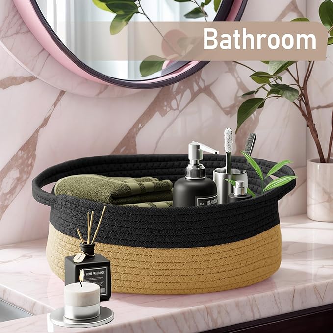 Woven Basket,Small Rope Storage Bin with Handles & Ribbon Bag, Organizer for Shelves Closets,Gift Basket Empty for Birthday,Books,Dog Toys, Black&Jute/2 Pack