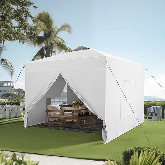 PHI VILLA 10x10 Pop Up Canopy Tent with Sidewalls - Easy Up Tent with Mesh Windows for Ventilation, Waterproof Design - Ideal for Parties, Beach, and Outdoor Events (White)