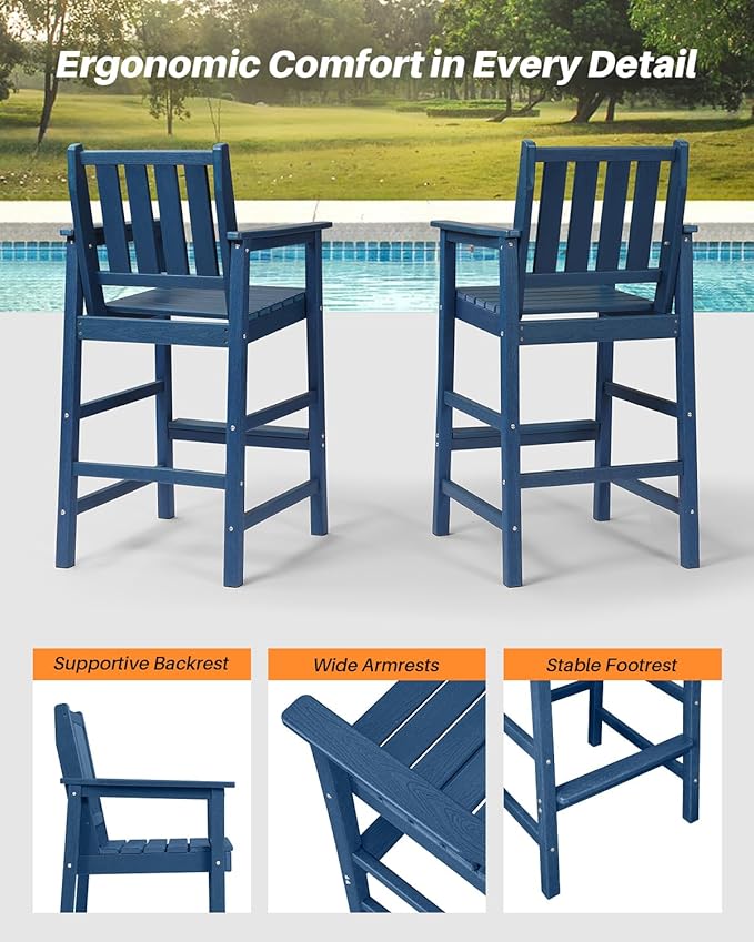 Adirondack Bar Chair Set of 2, HDPE Tall Adirondack Chairs Bar Stools with Footrest, Outdoor Bar Height Stool Chair Set, HDPE Patio Barstools Set for Poolside, Balcony, Garden, Navy