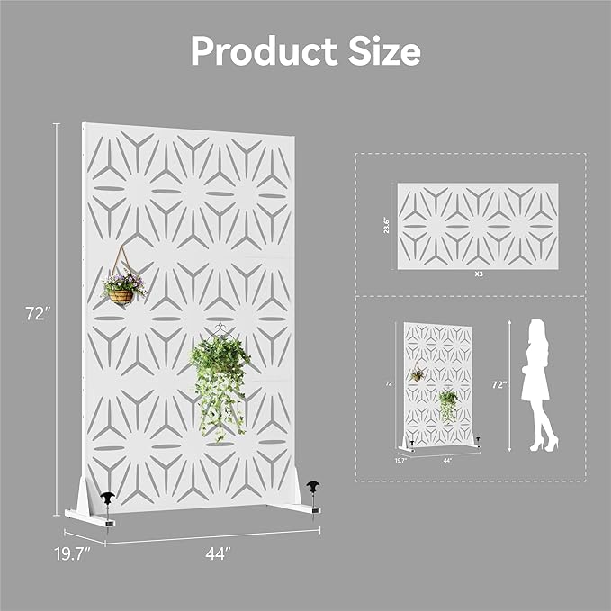 Heavy-Duty Outdoor Privacy Screen for Patio, Balcony, Backyard - 72" H * 44" W Metal Room Divider with Modern Geometric Pattern, Anti-Tipping Kit, Weather Resistant, Easy Assembly (White-SJX)