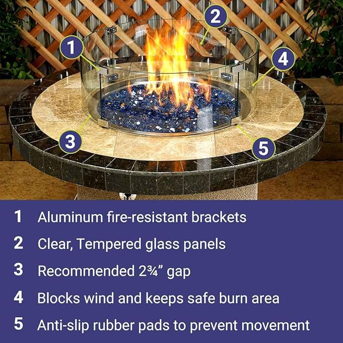 American Fire Products | Tempered Glass Flame Guard for 25” Round Drop-in Fire Pit Pans | Outdoor Wind Guard with Aluminum Fire-Resistant Brackets & Non-Slip Feet | 29-inch x 6-inch