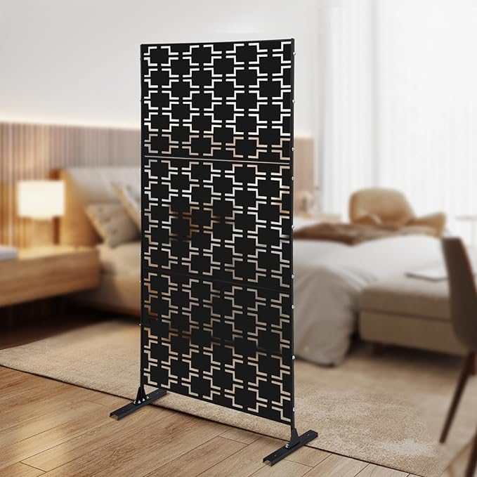 75" H×35" W Decorative Outdoor Privacy Screen with Stand, Outdoor Decor Privacy Fence Screen Metal Fence Panels, Free Standing Metal Divider for Patio Lawn Deck (Black-Rectangular)