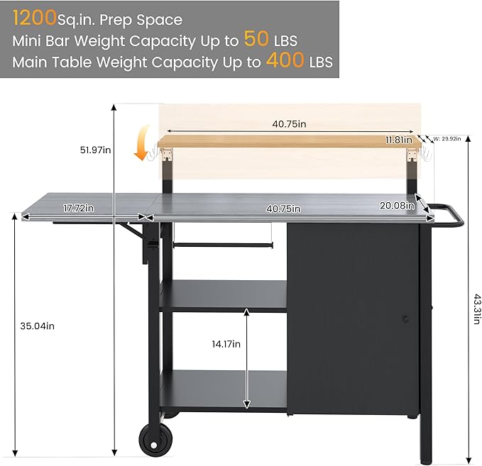 Multi-Layer Outdoor Grill Table Bar Grill Cart with Storage Cabinet, Outdoor Kitchen Island Prep Station with Foldable Side Shelf, Pizza Oven Table for Lawn & Garden