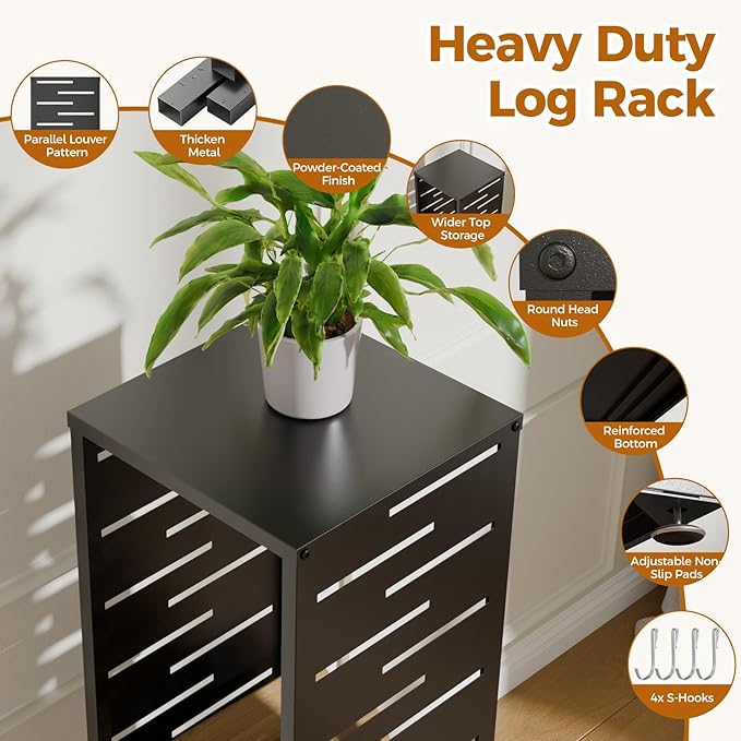 4ft Firewood Rack with Louver Pattern, Fire Wood Rack Log Holder with Hooks Adjustable Feet, Firewood Storage for Outdoor Indoor Fire Pits Fireplace Patio Balcony Black