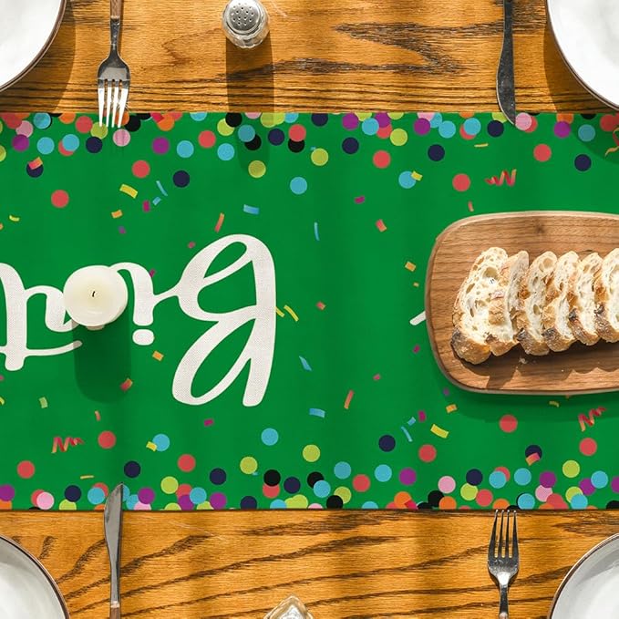 Artoid Mode Polka Dot Green Happy Birthday Table Runner, Seasonal Christmas Winter Kitchen Dining Table Decoration for Home Party Decor 13x72 Inch