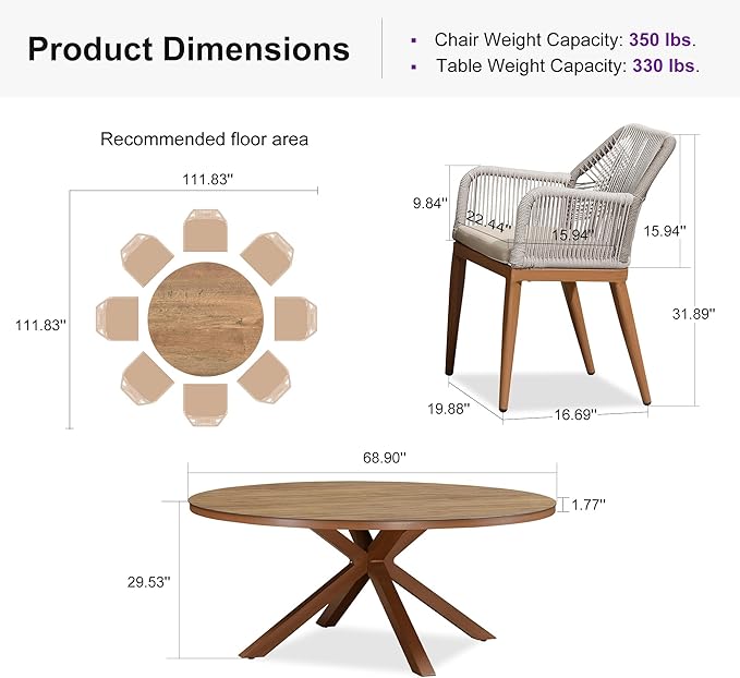 PURPLE LEAF 9 Pieces Patio Round Dining Set Aluminum Round Table and Rattan Arm Chairs with Cushions for Kitchen Porch Garden Modern Outdoor Furniture Sets