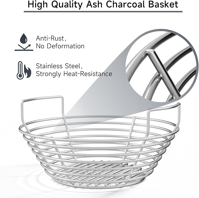 13.5'' Stainless Steel Heavy Duty Ash Charcoal Basket for Large Big Green Egg Grill, Kamado Joe Classic, Pit Boss, Louisiana Grills, Primo Kamado Grill & Other Similar Grills
