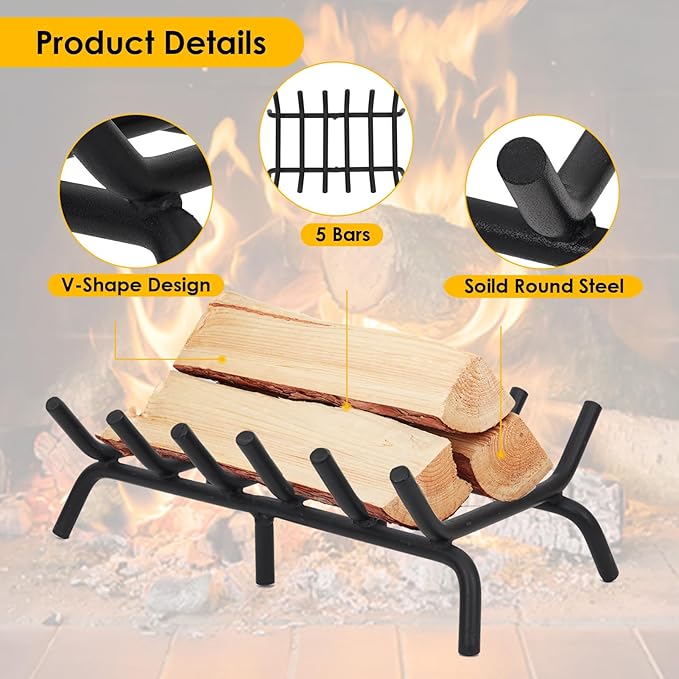STBoo Fireplace Grate 20inch - Wood Stove Fire Grates Heavy Duty | Fireplace Log Holder | Firewood Log Burning Wrought Cast Iron Rack | Fire Pit Tray for Indoor Chimney Hearth & Outdoor Kindling Tool