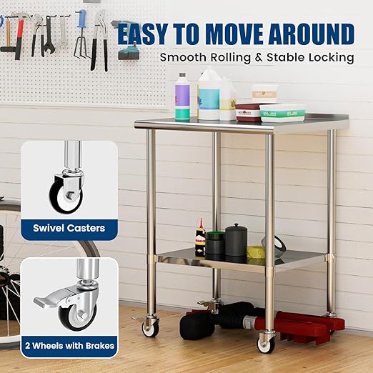Stainless Steel Work Table with Wheels, 24x30 Inch NSF Food Prep Table with Backsplash & Adjustable Undershelf for Commercial Kitchen, Restaurant, Garage, Outdoor BBQ