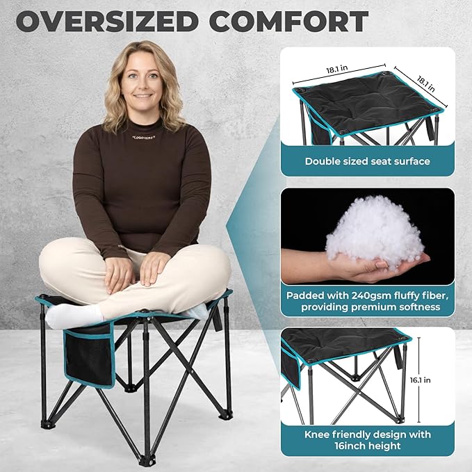 FUNDANGO Oversized Camping Stool for Adults, Thick Padded 18.1 Inch Folding Ottoman Foot Rest, 440 Lbs Heavy Duty Outdoor Camp Chairs with Anti-Slip Foots & Carry Bag for Fishing Lawn Travel (Black)