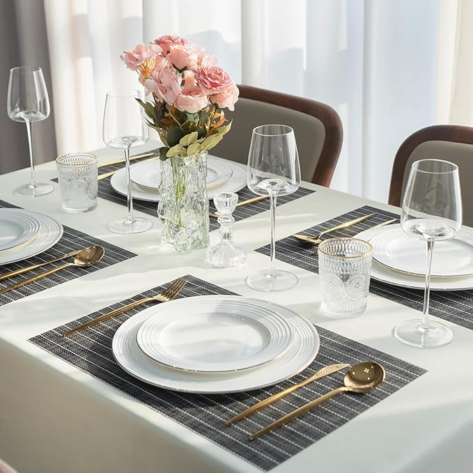 Placemats Set of 12 Vinyl/Plastic Woven Place Mats for Kitchen Table Indoor/Outdoor Washable Placemat Wipeable Dining Table Mats (Black Stripes,12)