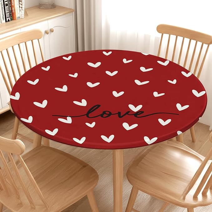 Valentines Day Round Fitted Tablecloth with Elastic Red White Love Heart Circle Table Cloth for 44-48" Round Tables Stretch Waterproof Washable Valentine Table Cover for Picnic Dining Party Decor